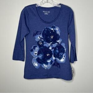 Fresh Chic Floral Print Long Sleeve Top - Navy Blue Small